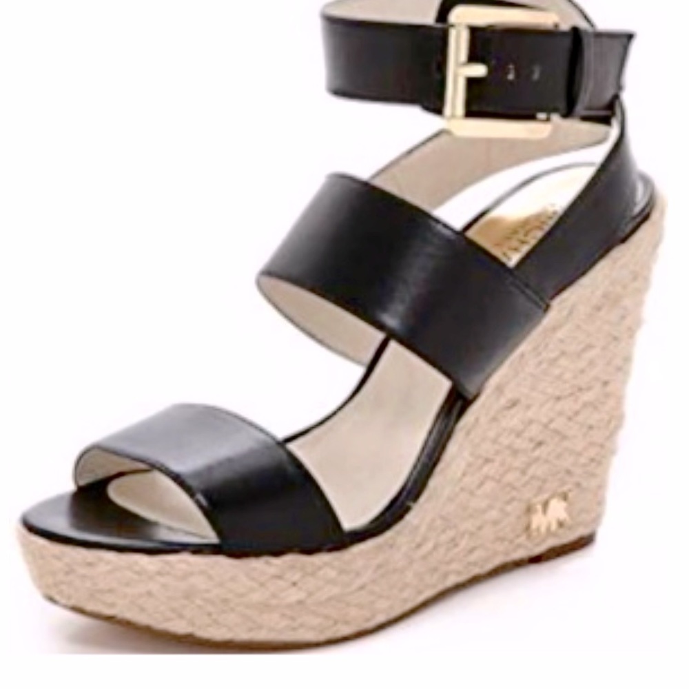 Michael Kors Espadrille Sandal, “Poesy” Wedge Black Leather, 5” Wraparound Ankle